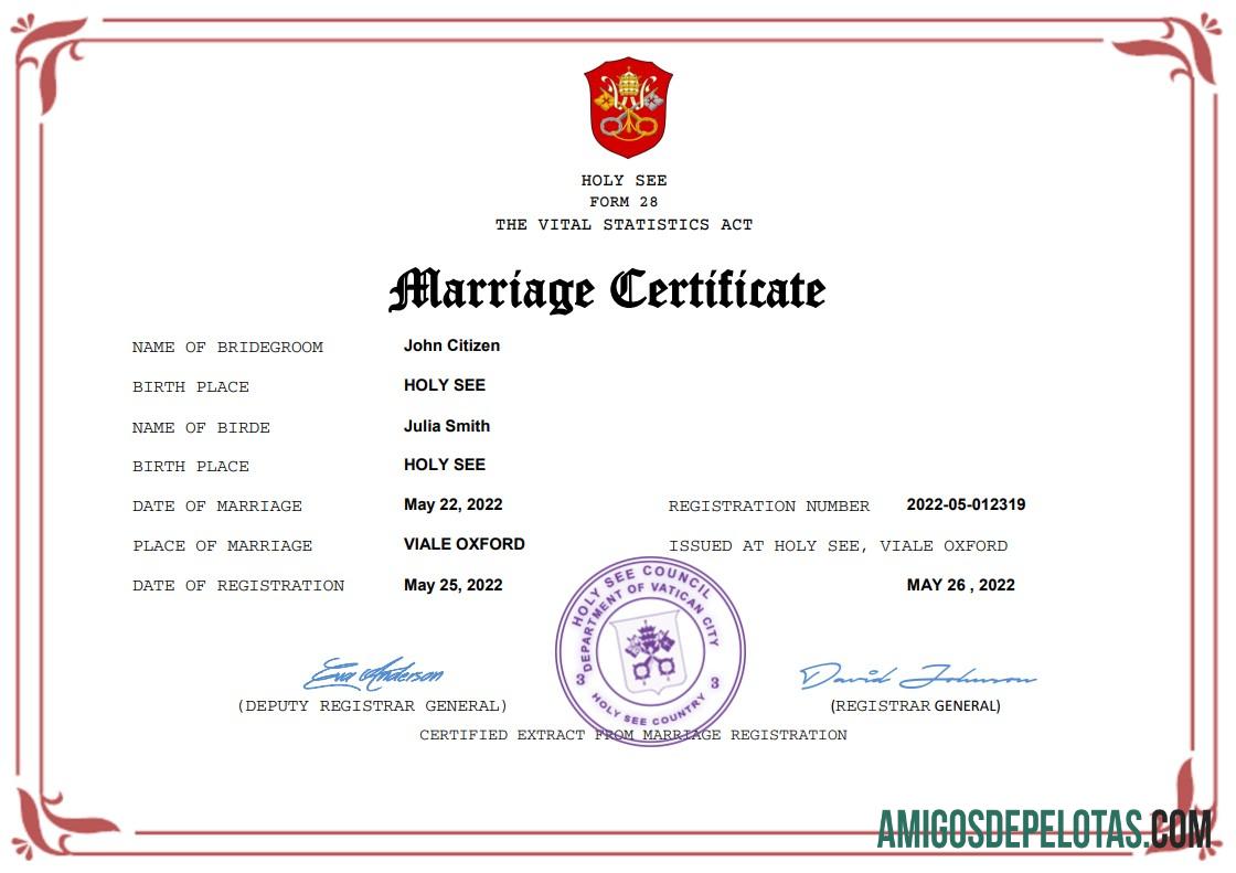 Imprimível modelo Word e PDF de certidão de casamento da Santa Sé